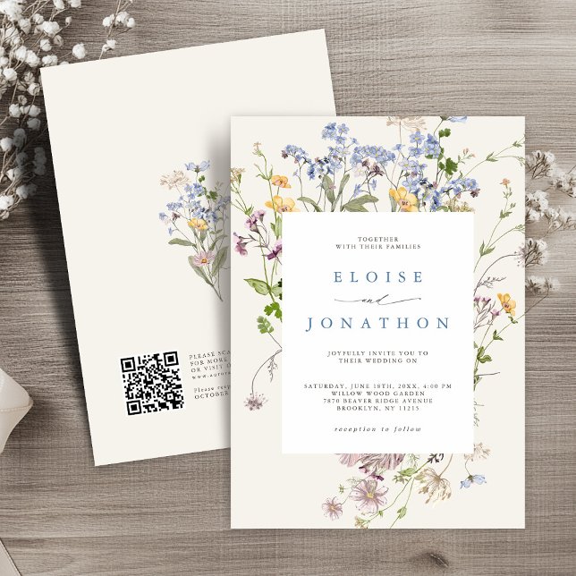 Vår Wildblomme Meadow Garden QR-koden Bröllop Inbjudningar (Spring Wildflower Meadow Garden QR Code Wedding Invitation)