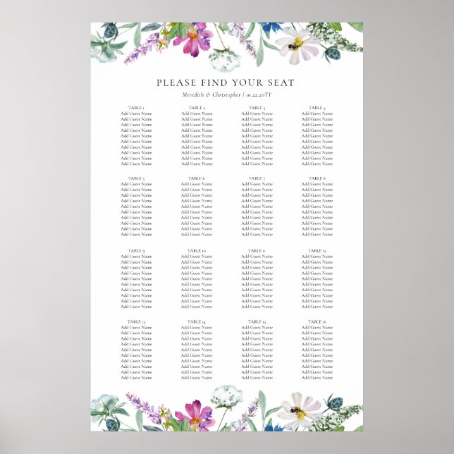 Vår Wildblommor 16 Bord Bröllop, sittdiagram Poster (Framsidan)