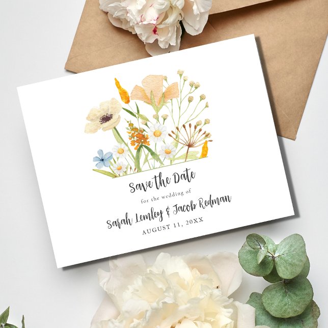 Vår Wildblommor Budget Bröllop spara datum Meddelande Vykort (Spring Wildflowers Budget Wedding Save the Date Postcard)