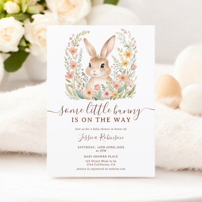 Vår Wildblommor Cute Bunny Påsk Baby Shower Inbjudningar (Spring Wildflowers Cute Bunny Easter Baby Shower Invitation)