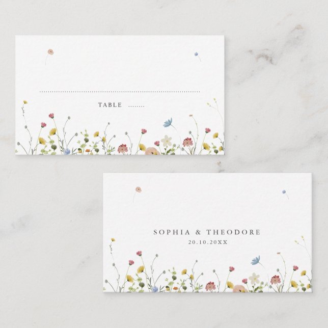 Vår Wildblommor Garden Blommigt minimalist Bröllop Placeringskort (Fram/baksida)