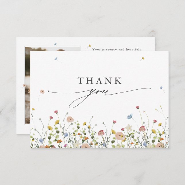 Vår Wildblommor Garden Blommigt minimalist Bröllop Tack Kort (Fram/baksida)