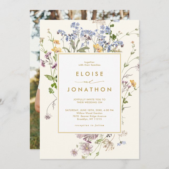 Vår Wildblommor Meadow Garden Photo Guld Bröllop Inbjudningar (Fram/baksida)