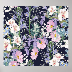 Vår Wildblommor: Mörk blått Vintage. Poster