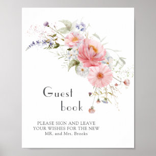 Vår Wildblommor Rosa White Bröllop Guest bok Poster