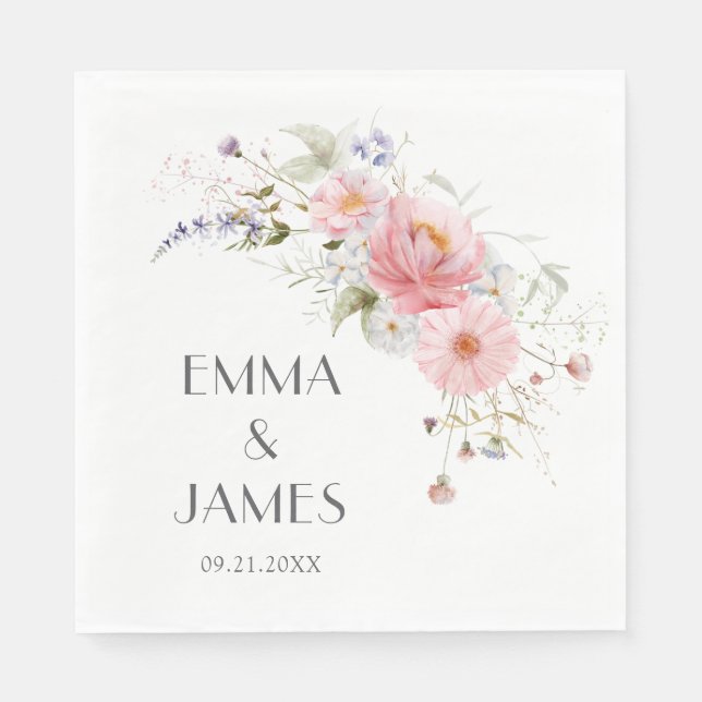 Vår Wildblommor Rosa White Bröllop Napkins Pappersservett (Framsidan)