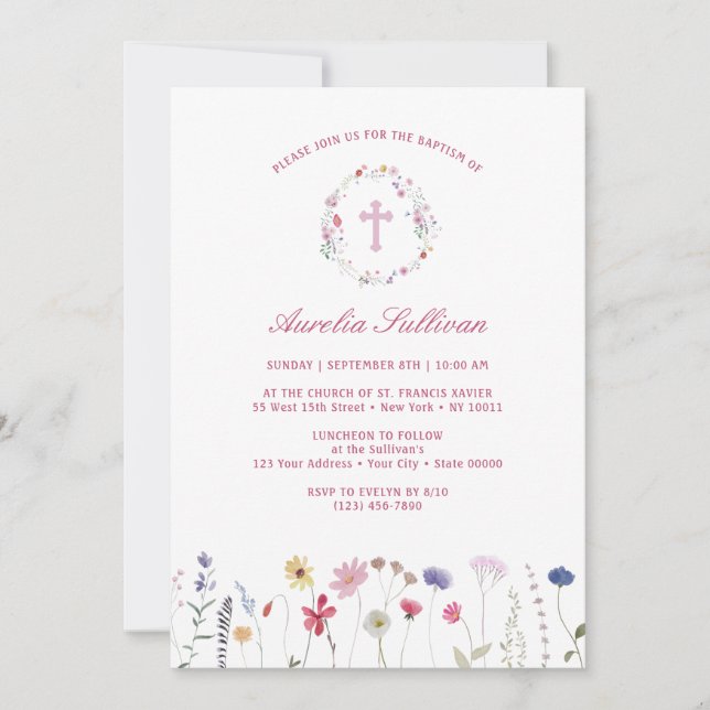 Vår Wildblommor Wandeutandning Baptism Inbjudningar (Framsida)