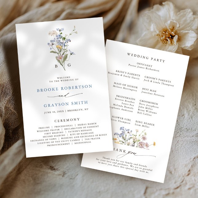 Vår Wildblomsterprogrammet Meadow Garden Wedening  (Spring Wildflower Meadow Garden budget Wedding Program)