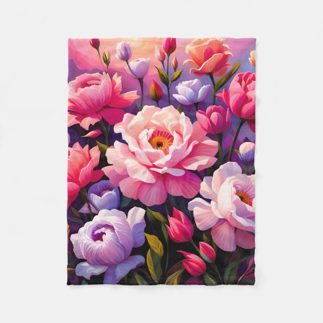 Vår Zen Soluppgång Rosa Blomsterträdgård  Fleecefilt (Framsidan)