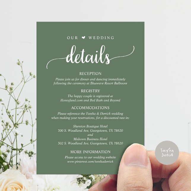 Våra Bröllop-uppgifter, Grönten för Rustic Forest  Tilläggskort (Our Wedding Details, Rustic Script Invitation Enclosure Card, in Sage Green)