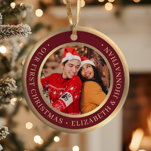 Våra Första Jul Burgundy och Falskt Guld Fotografi Julgransprydnad Keramik