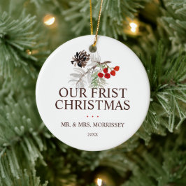 Våra Första Jul Gran Kottar Bär Foto Julgransprydnad Keramik