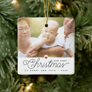Våra första julmorföräldrar 2 foton julgransprydnad keramik