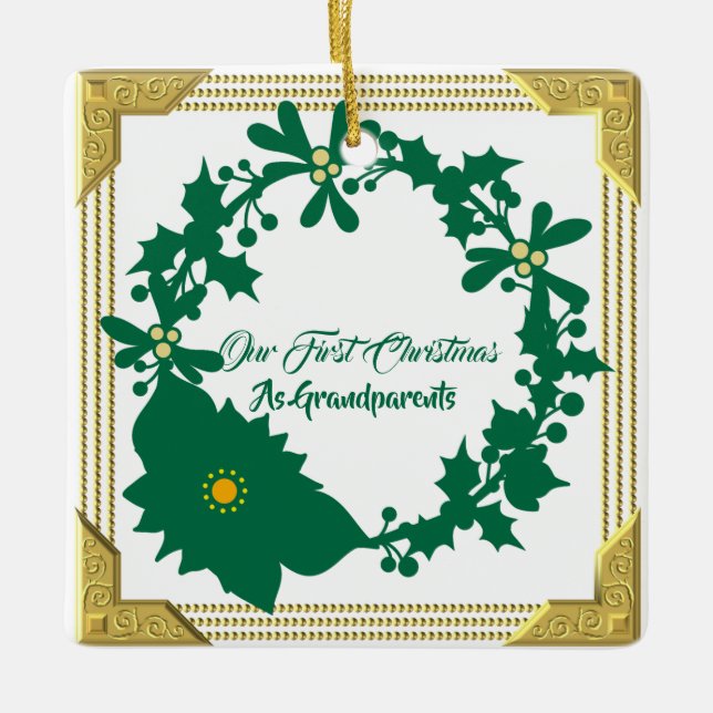 Våra första julmorföräldrar Poinsettia Holly Julgransprydnad Keramik (Framsida)