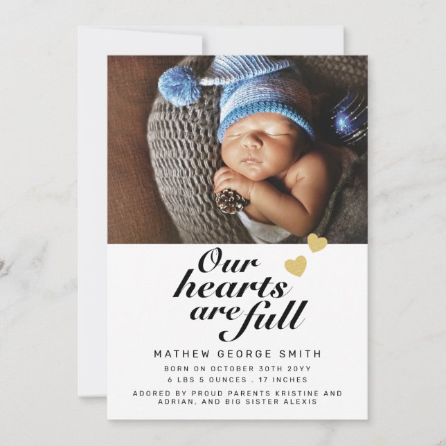 Våra hjärtan är Fullt Photo Baby Birth-meddelandet Tack Kort (Framsida)
