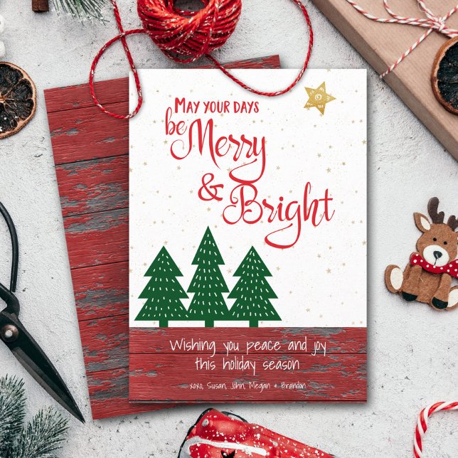 Vara Merry och Bright Guld Star Träd Red Rustic Wo Julkort (Skapare uppladdad)