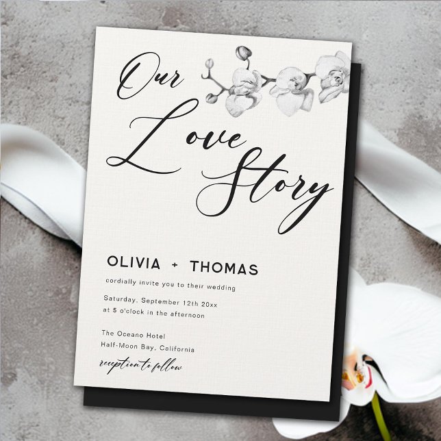 Våra moderna svarta vita orkidéer Kärlek i Bröllop Inbjudningar (our love story modern white orchids wedding invitation elegant boho romantic calligraphy black white)