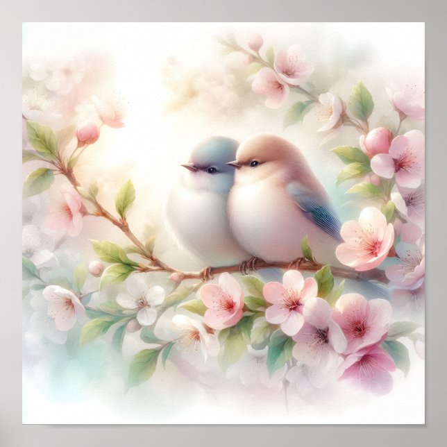 Vårälskande fåglar Körsbärsblomning Blommig Poster (Framsidan)