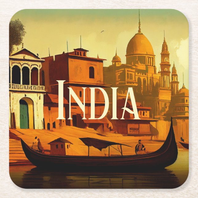Varanasi India Painting Underlägg Papper Kvadrat (Framsidan)
