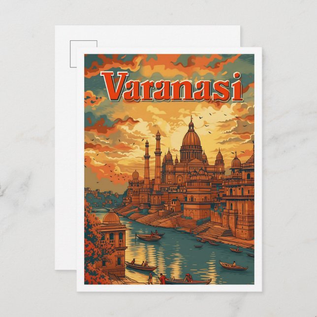Varanasi India Vintage Art Travel Illustration Vykort (Fram/baksida)