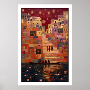 Varanasi konsttryck Lotusblommor, rött och guld Poster