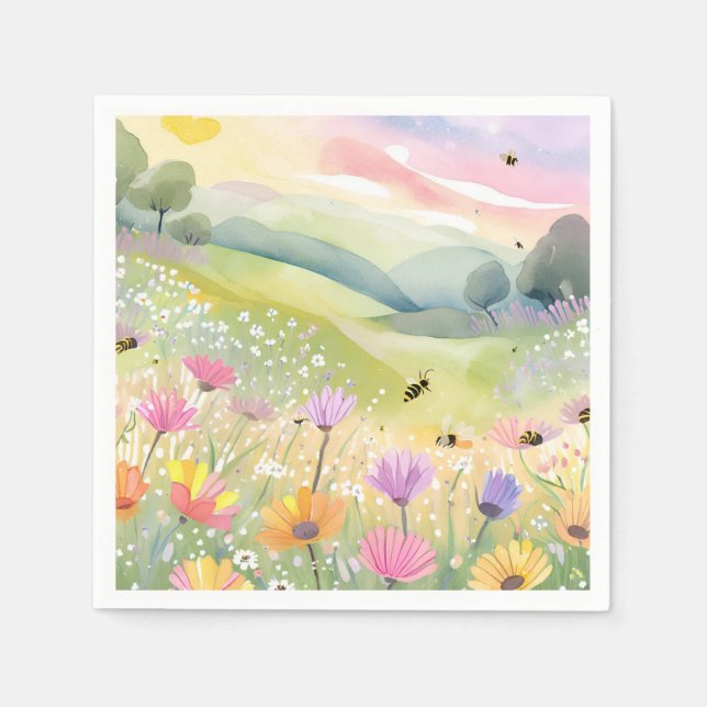 Vårbin Blomsterfält | Blommig Färgrik Natur Pappersservett (Framsidan)