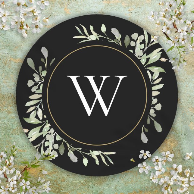 Vårbladsgrönska Monograminitial Runt Klistermärke (Spring Leaves Greenery Monogram Initial Classic Round Sticker)
