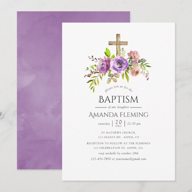 Vårblomma akvarell dop eller kristning inbjudningar (Fram/baksida)