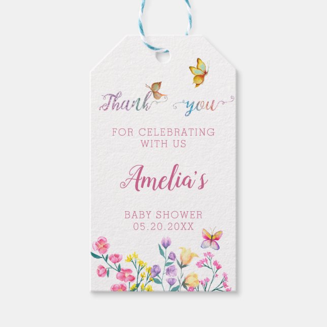 Vårblomma Fjäril Baby Shower Favor Presentetikett (Framsidan)