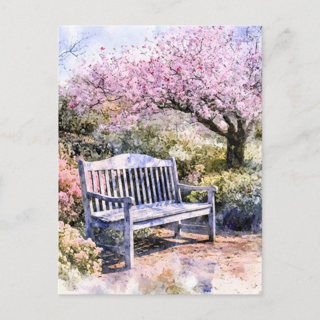 Vårblommande bänk akvarell meddelande vykort (Framsida)