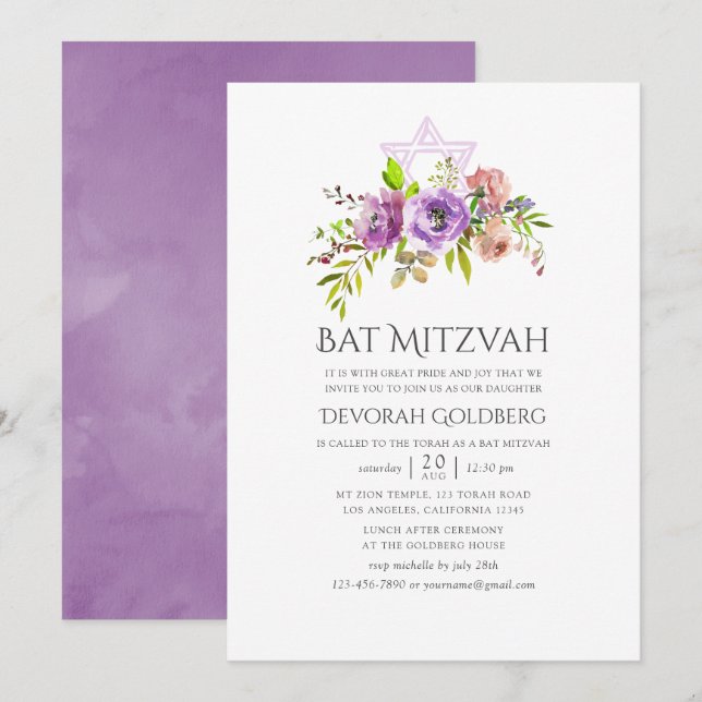 Vårblommig Bat Mitzvah Inbjudningar (Fram/baksida)