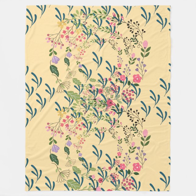 Vårblommig + blad design gul  fleecefilt (Framsidan)