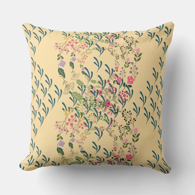 Vårblommig + blad design gul kudde (Framsida)