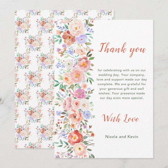 Vårblommig bröllopsfest tack kort (Fram/baksida)