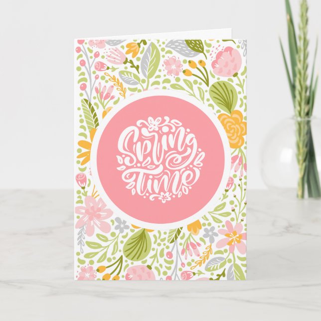 Vårblommig gratulationskort med rosa cirkel kort (Framsida)
