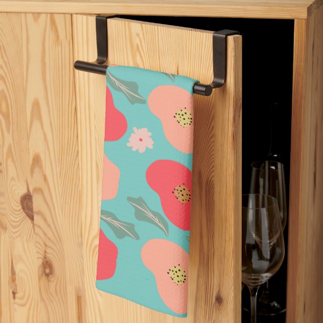 Vårblommig mönster handritad teal persika kökshandduk (Thirds Fold)