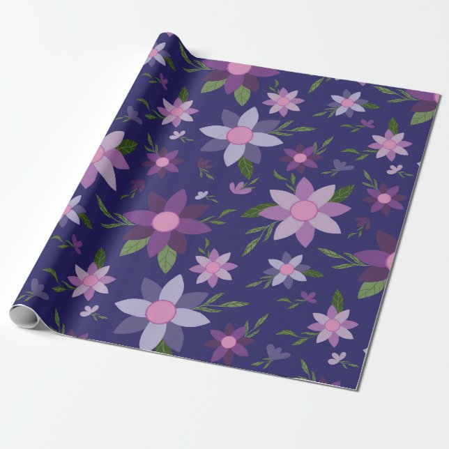 Vårblommig mönster på blå bakgrund presentpapper (Utrullad)