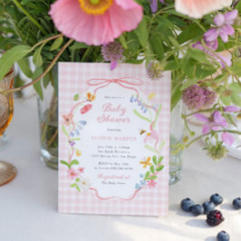 Vårblommig rosa rutig babyfest inbjudningar