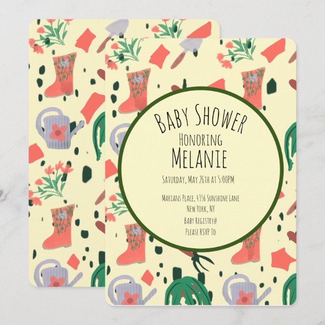 Vårblommig Trädgårdsverktygskrukor  Baby Shower Inbjudningar (Fram/baksida)