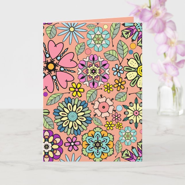 Vårblommiga Retro Färgtoner Sömlöst Mönster Kort (Orkide)