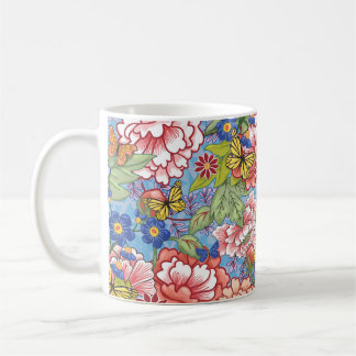 Vårblommigt med pioner och fjärilar kaffemugg