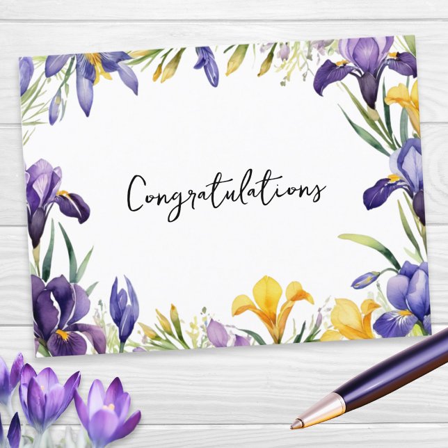 Vårblommor Blommig Kant Grattis Vykort (A postcard with 'Congratulations' message and a border of Spring flowers in a watercolor style)