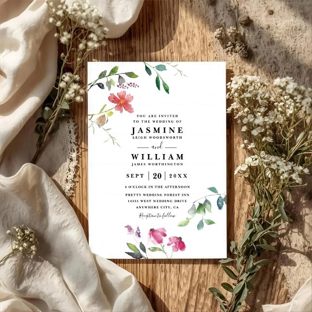 Vårblommor Elegant Modern QR-kod Bröllop Inbjudningar (Skapare uppladdad)