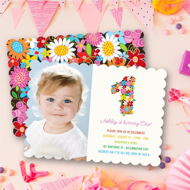 Vårblommor En babyflicka Första födelsedagsfoto Inbjudningar (Spring Flowers Garden Blooms Number One Photo Baby Girl's 1st Birthday Party Invitation @ fat_fa_tin)