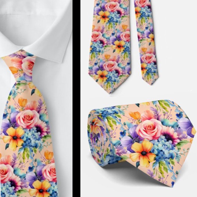 Vårblommor Färgrik Regnbåge Vattenfärg Blommig Slips (Skapare uppladdad)
