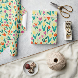 Vårblommor gul folkkonst blomster mönster presentpapper