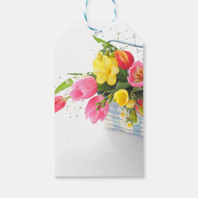 Vårblommor i korg triangulär dekal presentetikett (Baksidan)
