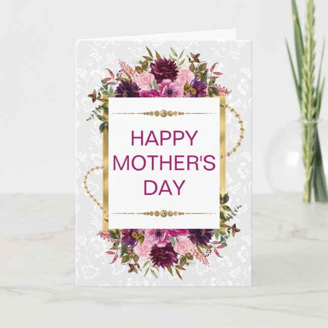 Vårblommor i rosa & guld glitter Mors dag Kort (Framsida)