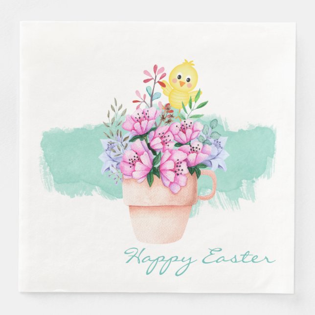 Vårblommor med påskkyckling pappersservett (Framsida)