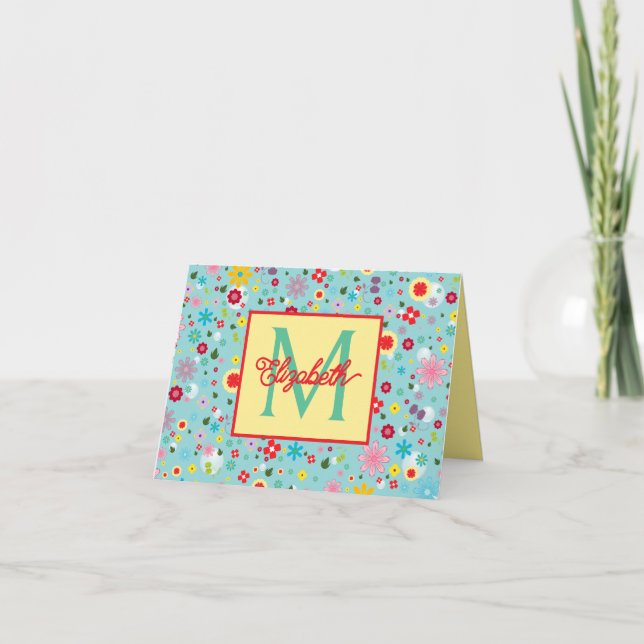 Vårblommor på akblått monogram anteckningskort (Framsida)